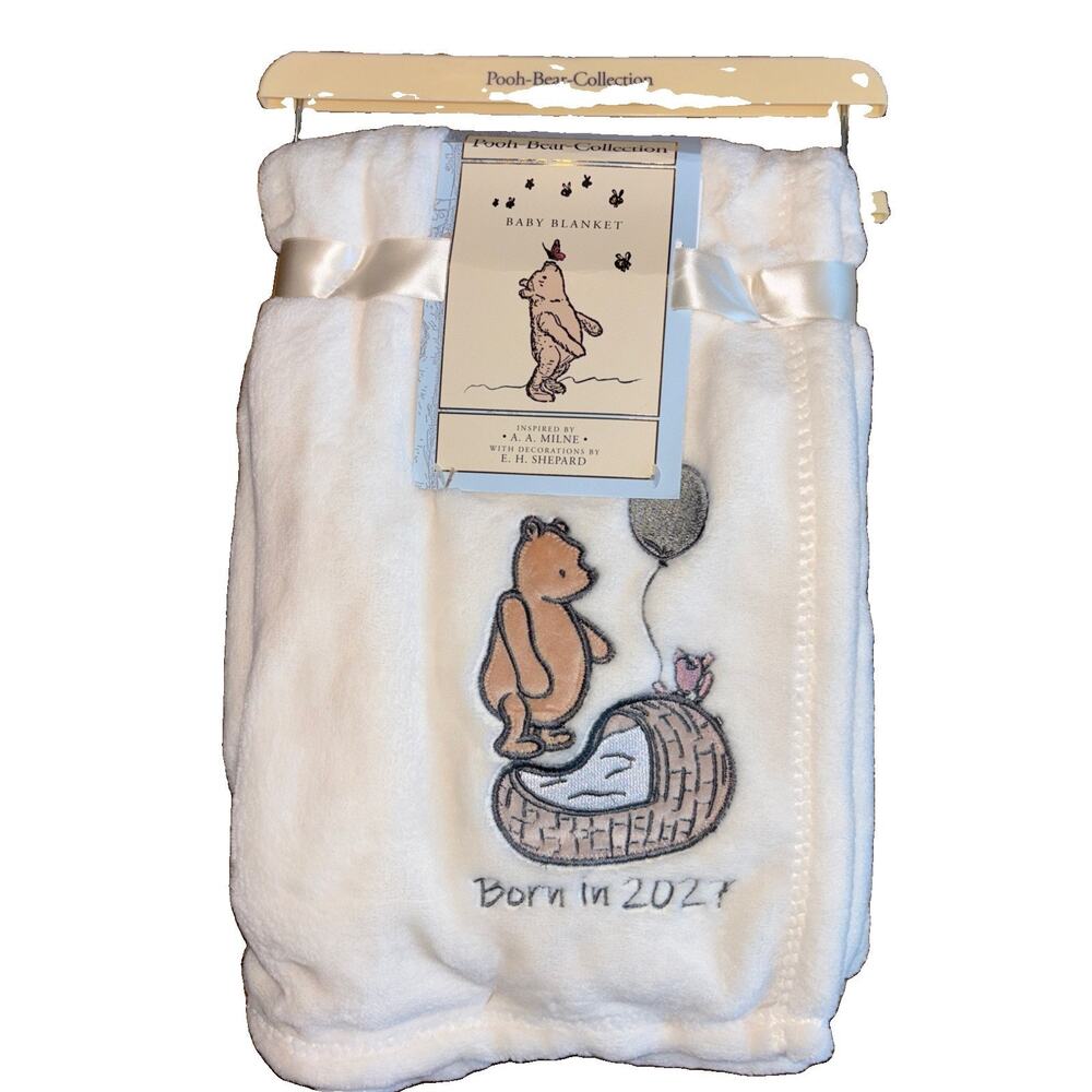 Winnie the Pooh Bear Collection Born in 2027 Embroidered Baby Blanket Cream
